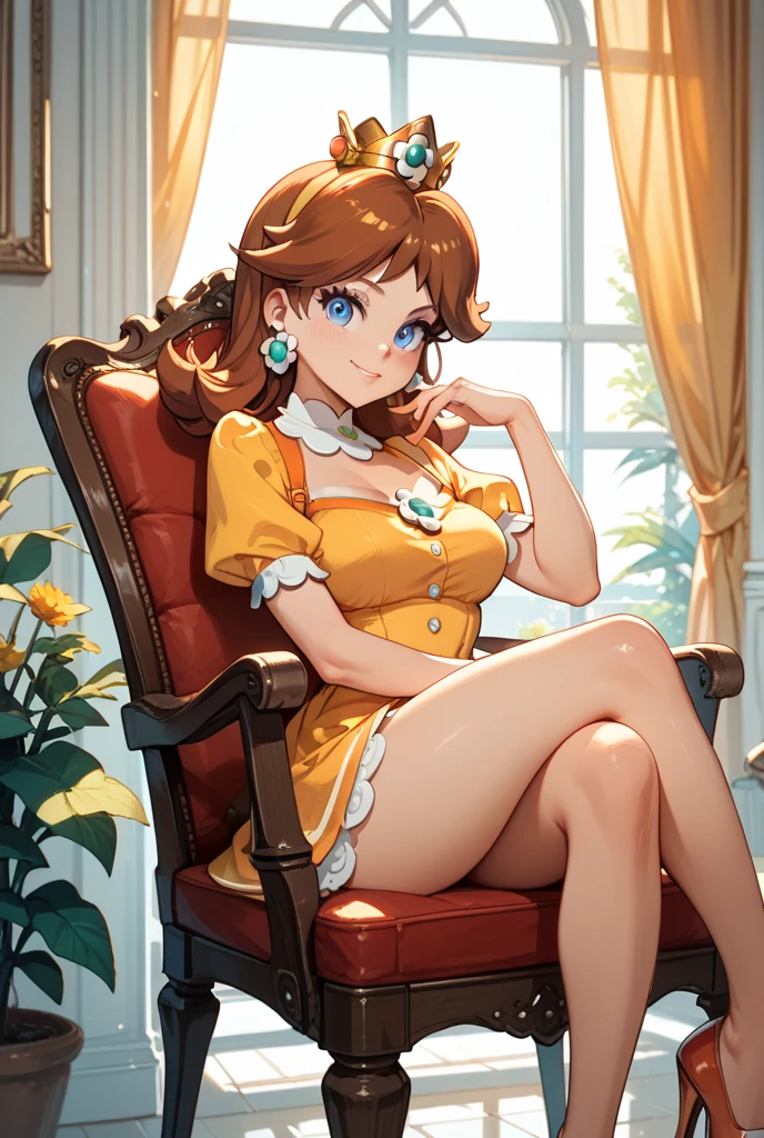 ((high detailed, best quality, 4k, hd:1.3)), Princess Daisy, blue eyes, original, seductive, attractive, fanart, sexy smile, smooth anime cg art, 36C breasts, long legs, vivid colors, detailed digital art, slim body, perfect skin, dark red hair, long hair, BREAK crown, cleavage, 36C cleavage, stuck behind glass, stuck behind a glass, looking at viewer, BREAK looking at viewer, extremely detailed face, sexy pose, yellow dress, yellow dress, yellow original dress, daisy, dress, flower, gem, dark black makeup lips, stuck behind a glass, stuck behind glass, dark gothic eyeshadows, dark eyeshadows, black eyeshadows, black sexy lips, black lips, (dark:1.2), dark lips, very dark lips, (perfect hands, perfect anatomy)