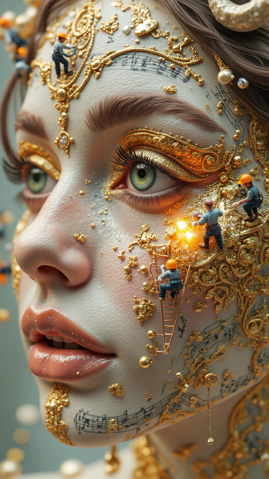 Hyper-realistic macro shot of a slavic woman's full face, her skin shimmering with golden musical notes and crystalline details. Tiny, highly detailed miniature workers are actively sculpting and adjusting these decorations-one polishes a golden note near her cheekbone, another carefully secures a golden note above her eyebrow. A team climbs a delicate ladder to refine the glow on her lips, while others use precision tools to enhance the intricate golden patterns on her skin. Her eyelashes and hair catch the soft wind, moving gently. background like a music book.

High detail, ultra-realistic photography, cinematic composition, studio lighting