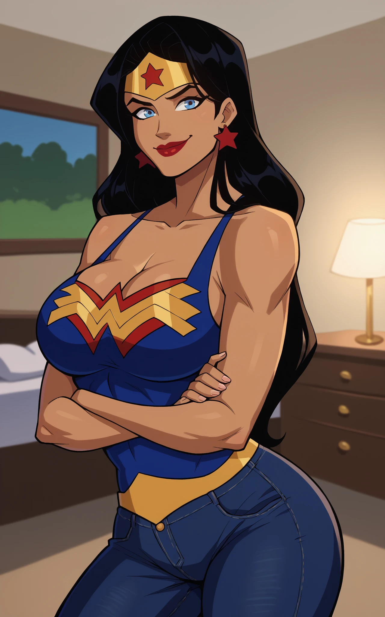 score_9,score_8_up,score_7_up BREAK wonderAP,1girl, solo, long hair, blue eyes, black hair, bare shoulders, jewelry, earrings, dark skin, blue tank top, black jeans, smiling, closed mouth, standing, happy expression, star print, superhero, bedroom, large breasts, cleavage, curvy, athletic, looking at viewer, dark red lipstick, arms crossed, crossed arms