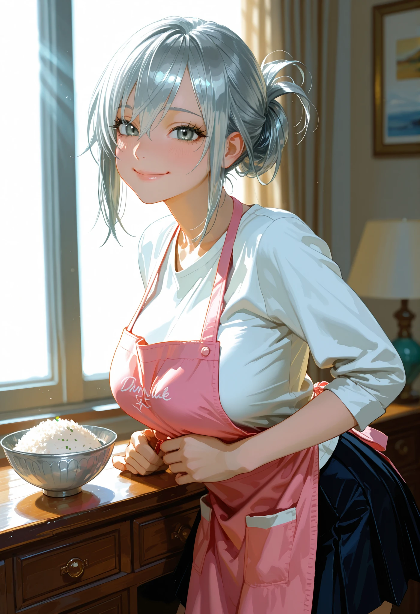 masterpiece, best quality, amazing quality, very aesthetic, high resolution, ultra-detailed, absurdres, newest, scenery, BREAK, depth of field, volumetric lighting, (masterpiece, best quality, absurdres, detailed,perfect quality, amazing quality, very aesthetic, absurdres, newest, ultra-detailed:1.2), extremely detailed, modern, very awa, crisp, sharp, beautiful eyes, fine textures, clean skin, 1girl, 18yo, cowboy shot, BREAK a japanese cute sexy girl with silvery white hair in an intricate asymmetrical updo. The back of her hair is short and bunched high with the ends fanning out. The left side of her hair frames her face with long, loose strands, while the right side of her hair is loosely swept back over her ears and bunched together with the back hair, creating a slightly unbalanced but elegant look. A high, luxurious hair accessory on top adds a unique and fashionable touch to the hairstyle. Her hair catches the light and gives off a shiny, metallic shine. BREAK ((glossy silver eyes:1.5)), (cute eyes, tareme, twinkle eyes), (large breasts), cute face, beautiful face, pretty face, beautiful, good anatomy, long eyelashes, expressive eyes, Perfect Hands, happy, smile, glossy lips, (close mouth:1.2), perfecteyes, BREAK 1girl, ((black skirt, white shirts:1.5), ((pink apron wearing over the shirts and skirt)), close mouth, close eyes, Cheer, smile, happy, (beautiful standing pose:1.5), BREAK 1girl, morning, daylight, sunshine, she is holding a rice-bowl(ochawan) with rice on it, good smile. BREAK soft lighting, (masterpiece, best quality), (cute, 8K, perfect lighting, perfect anatomy), absurdres, (best quality), (ultra-detailed:1.2), high res, very aesthetic, ultra-detailed, cinematic, masterpiece, best quality, sharp outline, detailed eyes, high gradient eyes, high definition eyes