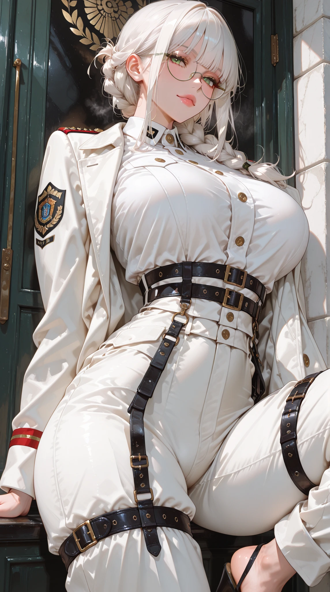 ((masterpiece)),(((best quality))),((character design sheet)), ((full body view)) mature face, defined cheekbones, high cheekbones, Same role,Girl with short pixiecut hair style, (pixiecut:1.4), (blonde hair), White Skin, Slim, beatiful face, blue eyes, (flat breasts:1.4), (wide hips), (((wearing victorian military attire:1.4))), (intricate details:1.1), (white boots:1.3), (tight pants:1.1), (white pants:1.2), (wide ass:1.0), illustration, girl, muscular, ((detailed face:1.4)) beautiful woman, shiny skin, scribbles and marks,(puffy lips:1.4) , rough sketches, 8k,16k, (simple background, white background: 1.3)