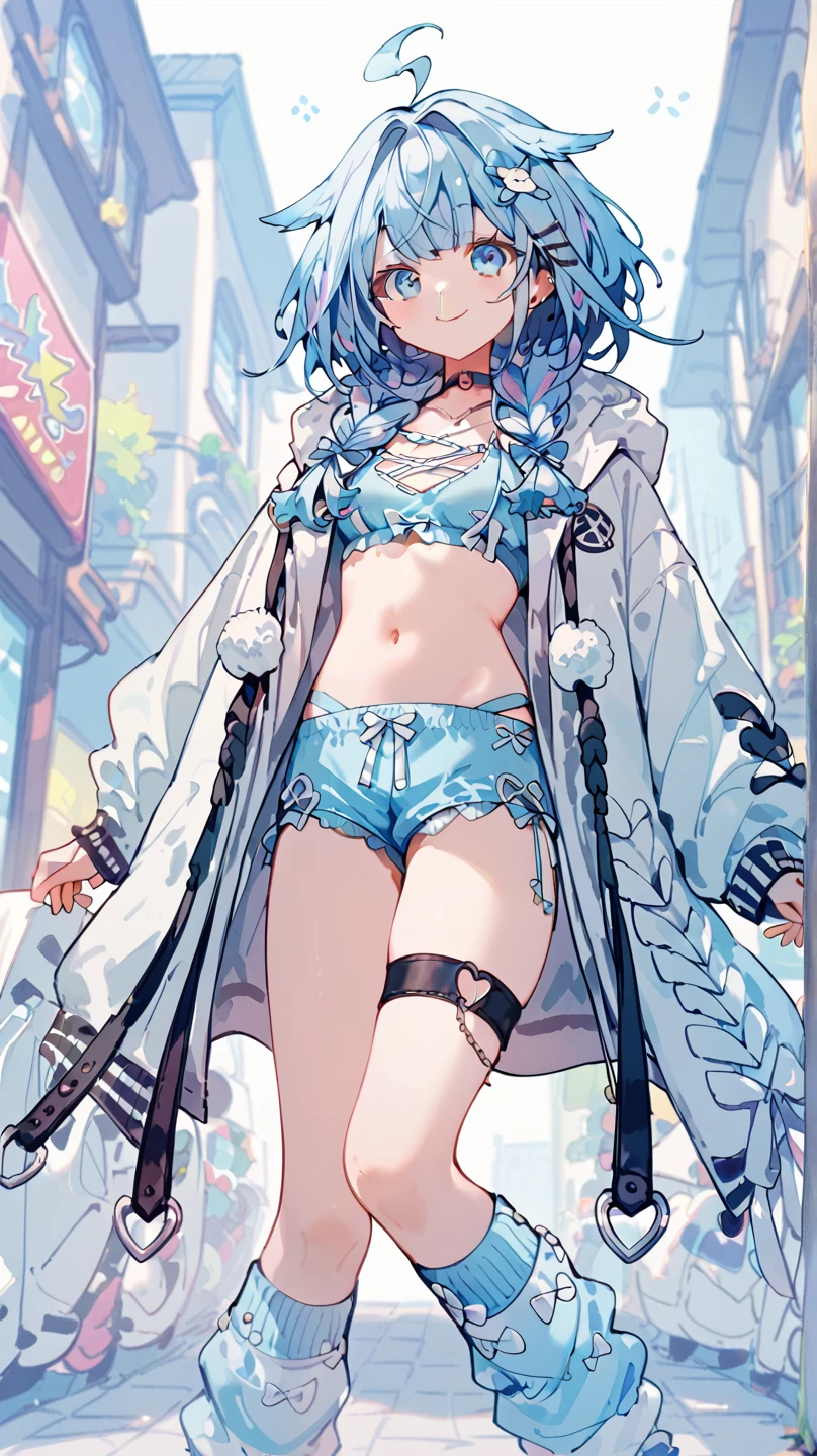 Grown-up girl, short white hair, Heteroromy, blue and purple eyes, cat ears, smirk, tight blue top, Shorts, tattoo, open belly, open breasts, Masterpiece, hiquality, 4k, HD, Good detail