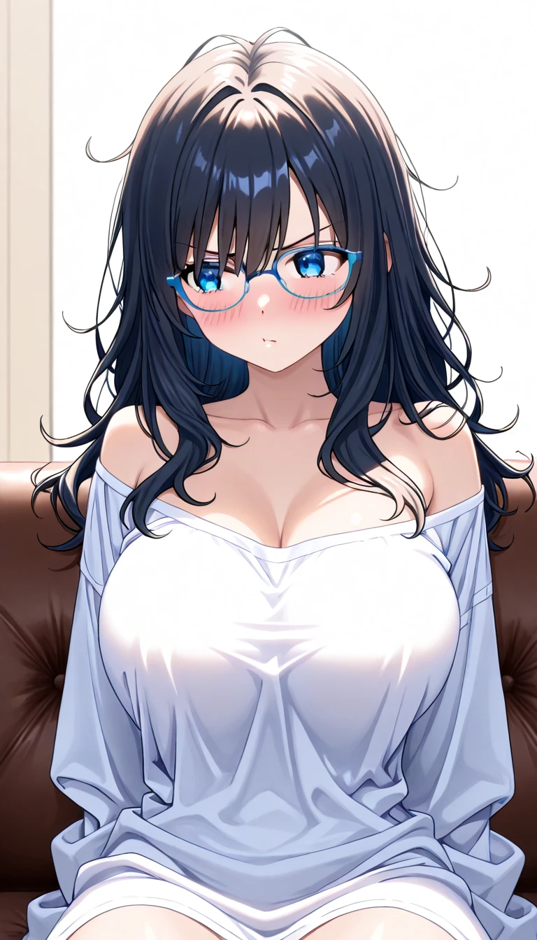 1girl, alone, chisato Hasegawa,((extremely detailed CG unity 4k wallpaper)),(masterpiece),(ultra quality),(ultra-detailed),(best illustration),(best shadow),(Extremely Detailed),(absurdres),(detailed background), Chisato Haswegawa, 1girl, alone,breasts, sweater, black hair, long hair, Antenna hair, glasses, mature, adlut woman, blush, green eyes, Beautiful Detailed Eyes, jewelry, cleavage, looking at viewer, suducing stare, necklace, medium breasts, off-shoulder sweater, off shoulder, collarbone, leggings, bangs, nail polish, solo, earrings, pov, straddling, girl on top, closed mouth, frilled shirt, backlighting, indoors, couch, perfect hands, perfect anatomy