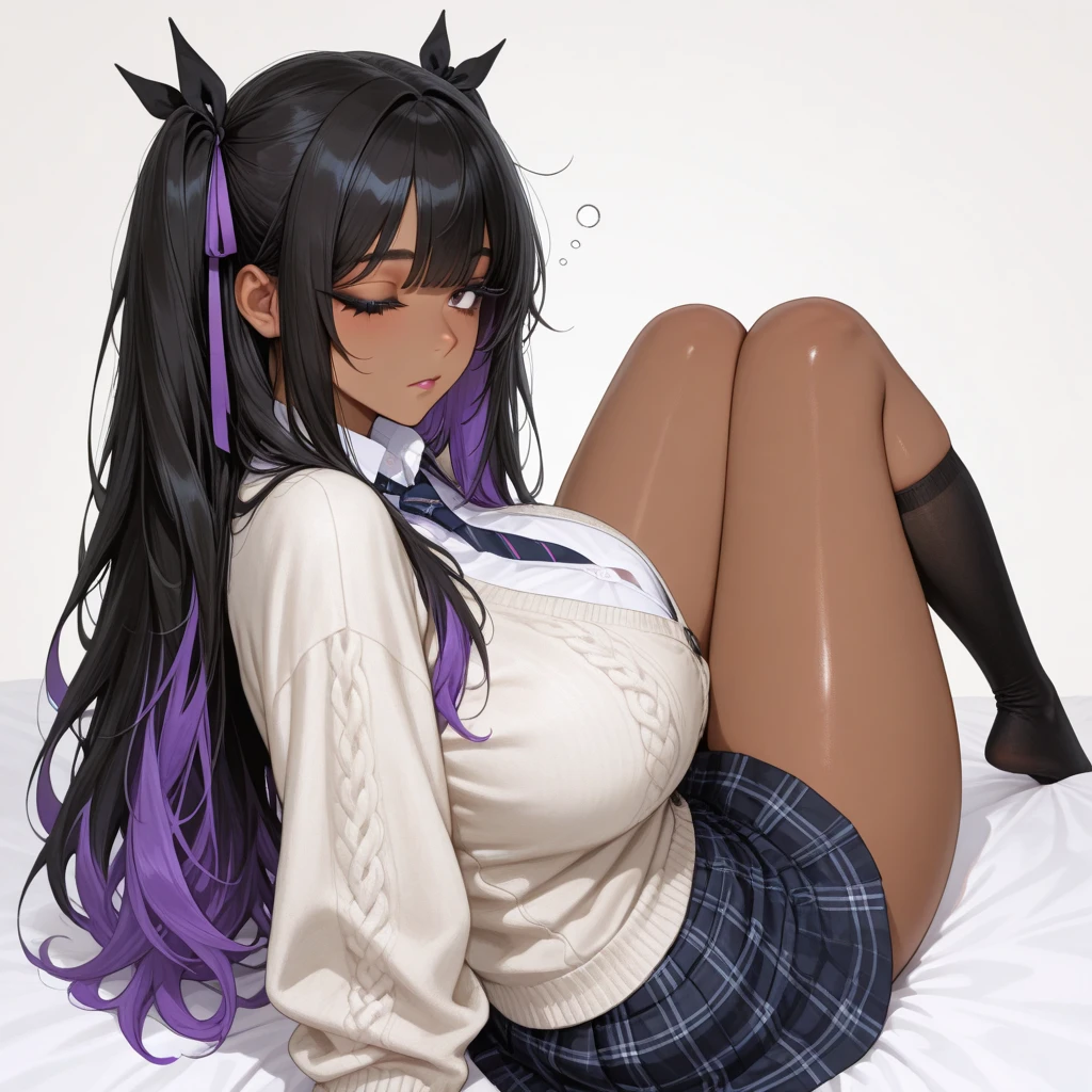 a woman, tanned skin, black fur, a hairstyle with two long braids that fall over her shoulders, with straight bangs that cover his forehead, messy fur , He wears purple glasses with round frames and has a cheerful expression on his face....., black fur, big and somewhat open eyes, small nose, huge breasts, Skinny body, small waist, thick thighs, whole body, fitted navy dress shirt, microfalda , Long black stockings, women shoes, a nerd, alone, tight clothes, lying down sexually