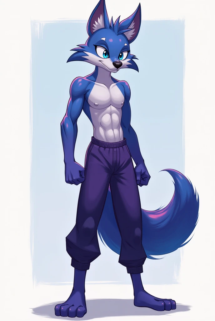 Nsfw, grainy, symmetric, upper body, bright colorful Navy blue eyes, markings, furry male, body fur, anthro Fox, solo, Cartoon, detailed, Gray fur, Thicc thighs, Wide hips, Slim waist, Slim shoulders, Large butt, Calm, wearing Blue Tunic with White accents, Monochromatic colors, Intimidating, Tall, Femboy, flat-chested, super flat-chested, solo femboy, just a femboy ((flat-chested))