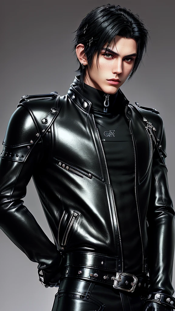 ((Final fantasy taste and reality graphics)), ((Japanese young cute and cool ikemen boy)), his age is early 20s, thin eyebrows and beady eyes, ((((he wearing black color and shining brightly enamel leather thick single-brest jacket)))), ((with epaulet)), ((enamel leather jacket close all zippers)),, ,(( jacket collar is high length stand-up collar with belts)), jacket is a little black line pattern,close the front of the jacket, (((also wearing black color turtleneck shining brightly enamel leather shirts))), (((tight black and shining brightly enamel leather pants))), ((((shining brightly black enamel leather tight and thin glove)))), ((black color and shining brightly leather knee-high raceup boots)),head-to-toe, whole body, boy looks like fashion model,Do not show skin from the neck down,(((all his clothes are very shining)))