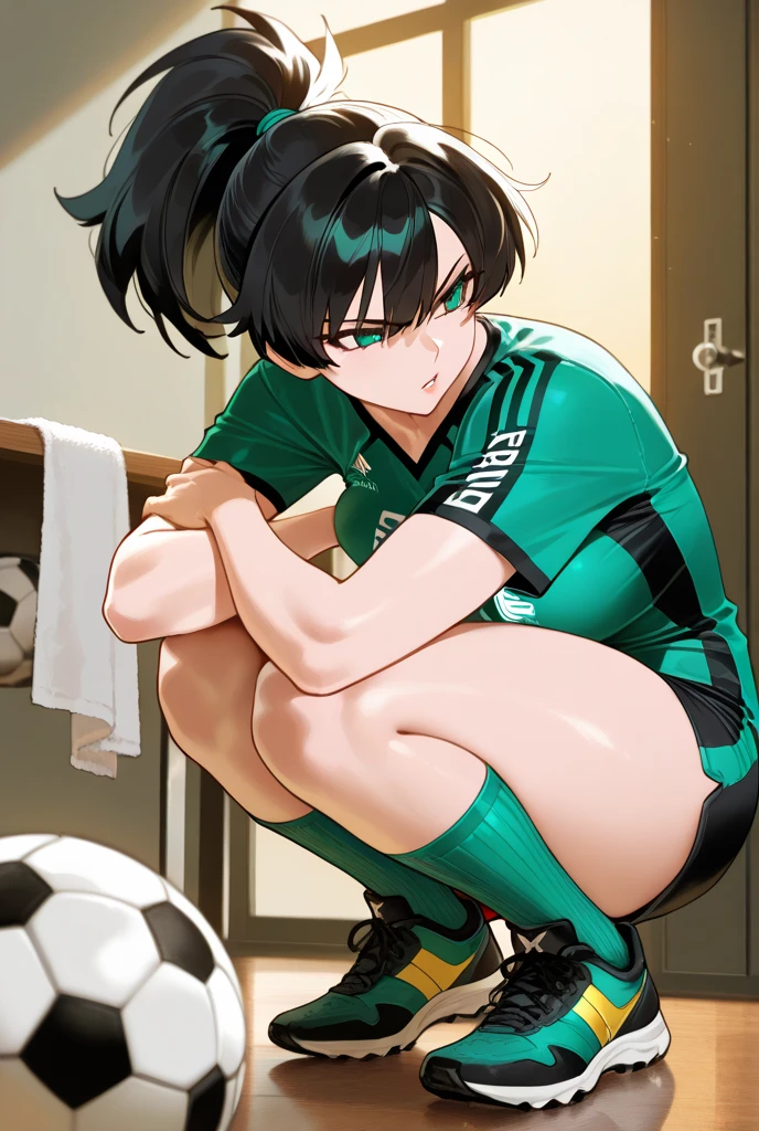 <lora:Shiratori_Utano-10:0.8>,1girl, solo,short hair, green eyes, green hair, denim, clothes writing, jeans,white shirt,open clothes,green clothes,green track jacket,