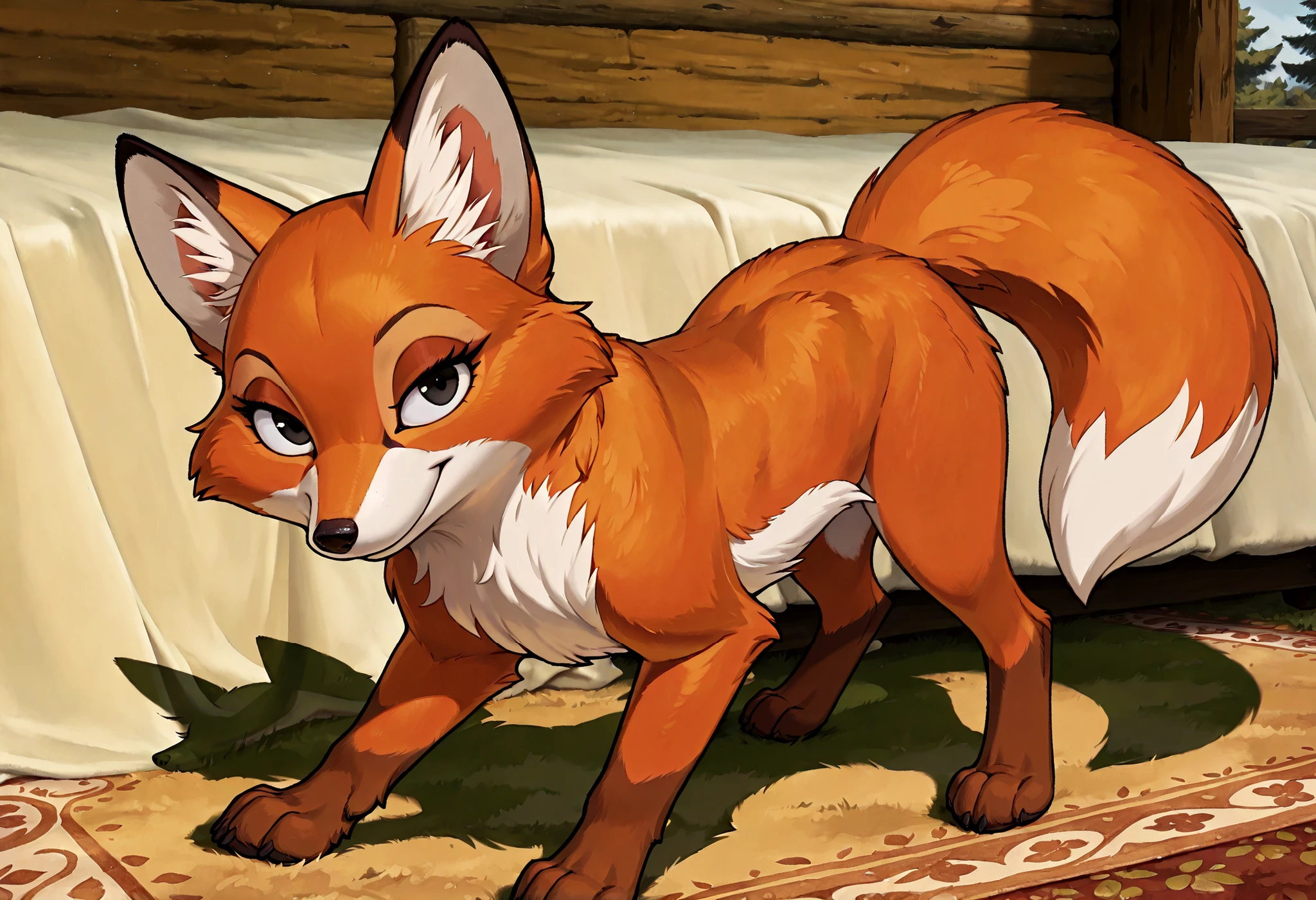 masterpiece, best quality:1.2), solo, realistic fur, ultra realistic , 1girl:: Feral Fox, animal, orange fur, , Vixey from The fox and the Hound, , cartoon style, , , accurate, drop shadow, tachi-e, , 8k, super detail, best quality, UHD, anatomically correct, 4K, highres, score_9, score_8_up, score_7_up, score_6_up, score_5_up, score_4_up,
Vixey, fox, orange fur, eyelasher, black eyes, fox ears, paws, looking at viewer, smirk, beautiful,