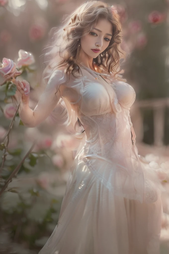 (highres, realistic:1.37), beautiful detailed eyes, beautiful detailed lips, longeyelashes, curvy figure, busty, slim waist, confident smile, elegant pose, vibrant colors, regency era, by norman lindsay, bokeh, oil painting style, soft lighting, romantic setting, blooming flowers, diaphanous flowing dress, graceful movement, delicate features, alluring gaze, sexually alluring,
