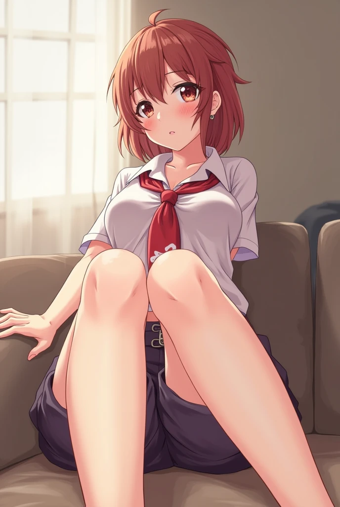 1girl, (suminoe_ako:1.3), sitting, (knees up:1.5), solo, blush, upper body, closed mouth, skirt, white shirt, (red necktie:1.0), looking at viewer, (brown:1.0), short sleeves, arms behind back, (white panties:1.2), small breasts, (covered nipples:1.5), nipple outline