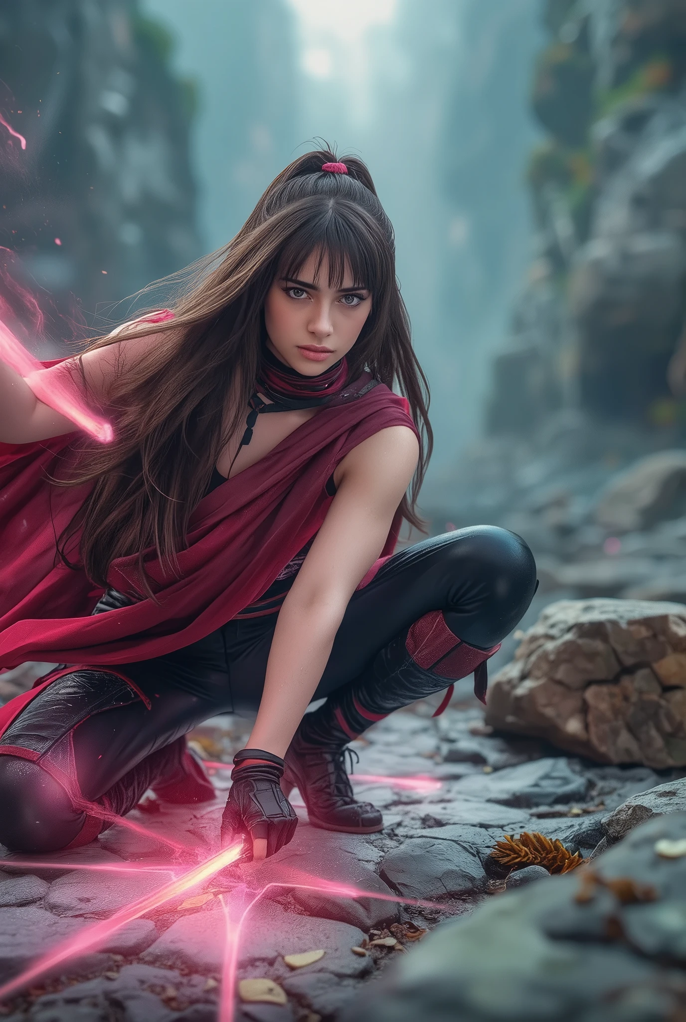 1 beautiful girl, futuristic ninja girl, extraordinarily dynamic action, (Three point landing pose:1.8) , (dynamic pose:1.9) , detailed portrait , realistic facial features , confident expression , muscular figure , heroic stance , cinematic lighting , dramatic atmosphere , fantasy landscape , glowing energy effects , digital art , 8K , photo-realistic , HDR , vivid colors , professional, Photo capturing the moment she landed from a high place, cool pose, masterpiece , best quality , amazing quality , very aesthetic , newest ,