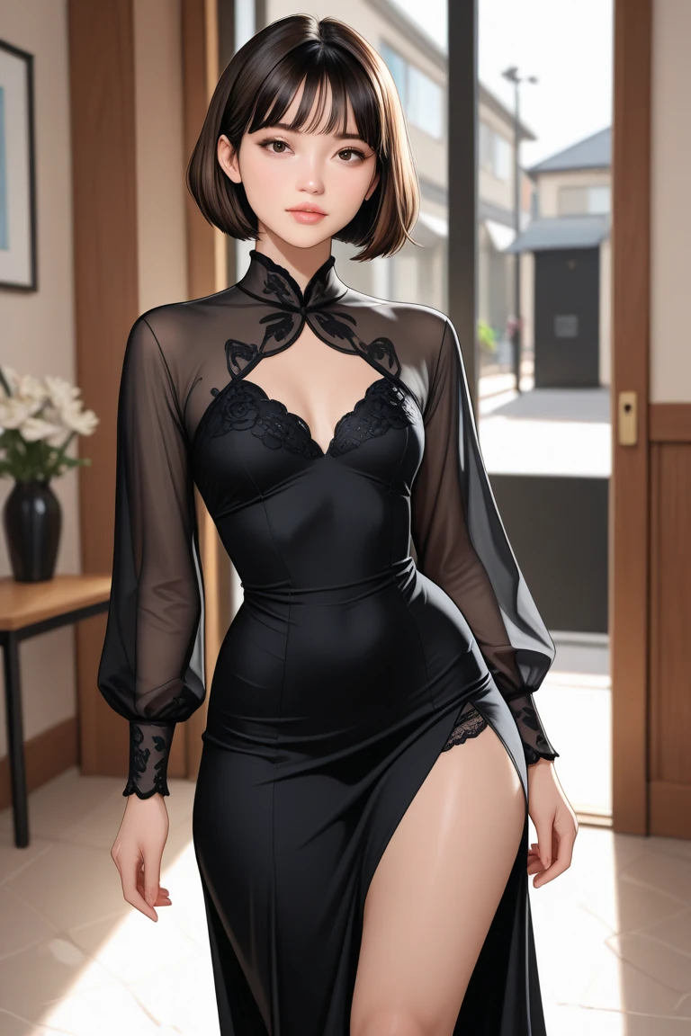 8k, masterpiece, RAW photo, best quality, photorealistic, extremely detailed CG unity 8k wallpaper, Depth of field, Cinematic Light, Lens Flare, Ray tracing, (extremely beautiful face, beautiful lips, beautiful eyes), intricate detail face, ((ultra detailed skin)) 1girl, in the dark, deep shadow, pretty korean girl, kpop idol, 1 girl, (very slim slender fit-muscled body:1.3), ((looking at viewer)),(big smile:1.3), (fashion city night, dark night, (neon sign), (blurred background), fashion street night),(without people in the background:1.3), beautiful earrings, bracelets, necklace, pantyhose, clear eyes, walking, (pale skin), (big eyes), face forward, (brown hairs), (full body shot), ((silk black, red color dress:1.3)), ((tight fitting dress)), ((laced dress)), (looking at viewer:1.3) open breast, very slim, medium breasts, ass focus, brow front,(tight dress), (ultra mini skirt), medium butts