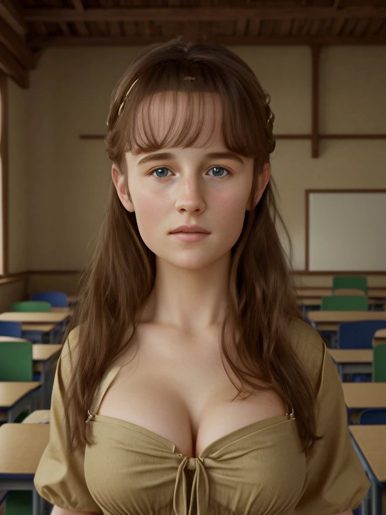 (best quality,4k,8k,highres,masterpiece:1.2),ultra-detailed,(realistic,photorealistic,photo-realistic:1.37), ((deutschland, mittelalter, classroom, a young school girl, she wears uniform, upskirt, solo, shy, walking)), ((very large bust size for her young age)), she wears beret, she wears no bra, braided red hair, pale skin