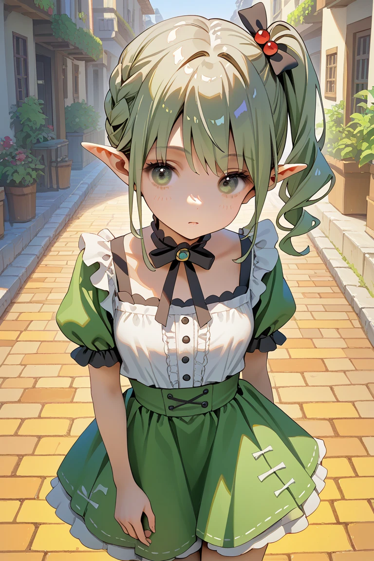 front　cute girl　little man　elf ears　Light green hair　Green Maid Clothes　long hair　magic wand　In front of a medieval carriage