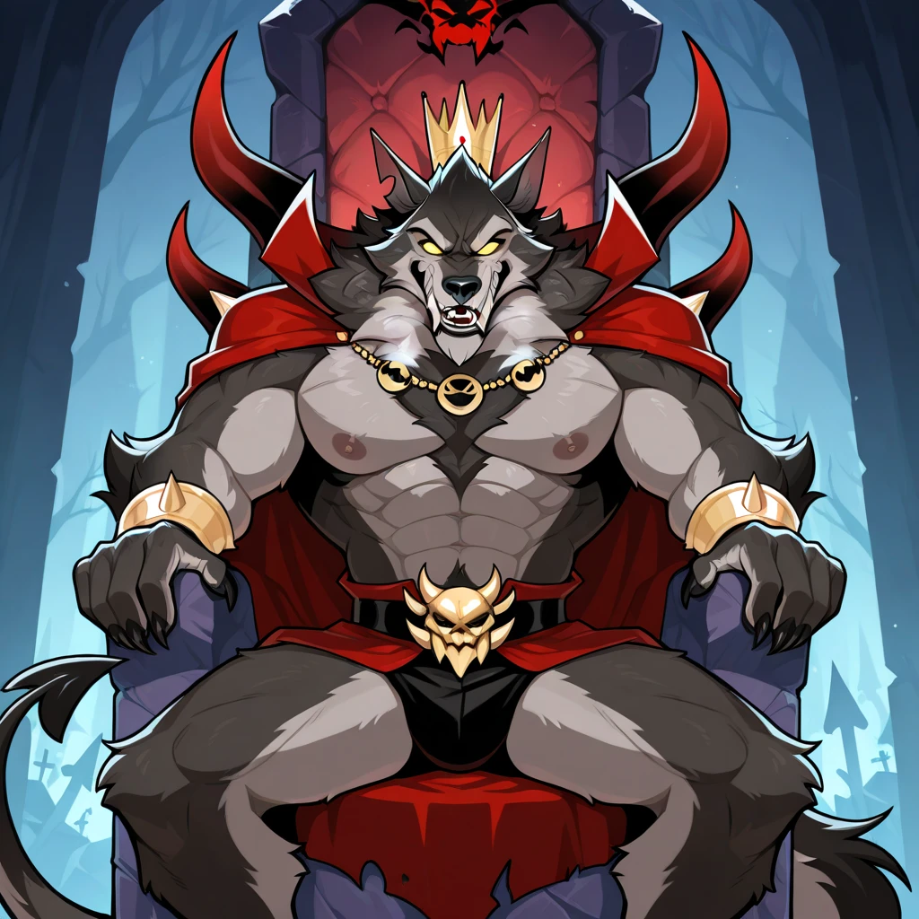 adult male, anthro jackal, sitting in an throne with crossed legs, nude, angry expression, angry look, grey fur, red eyes, glowing eyes, sand powers, sexy, taller male,