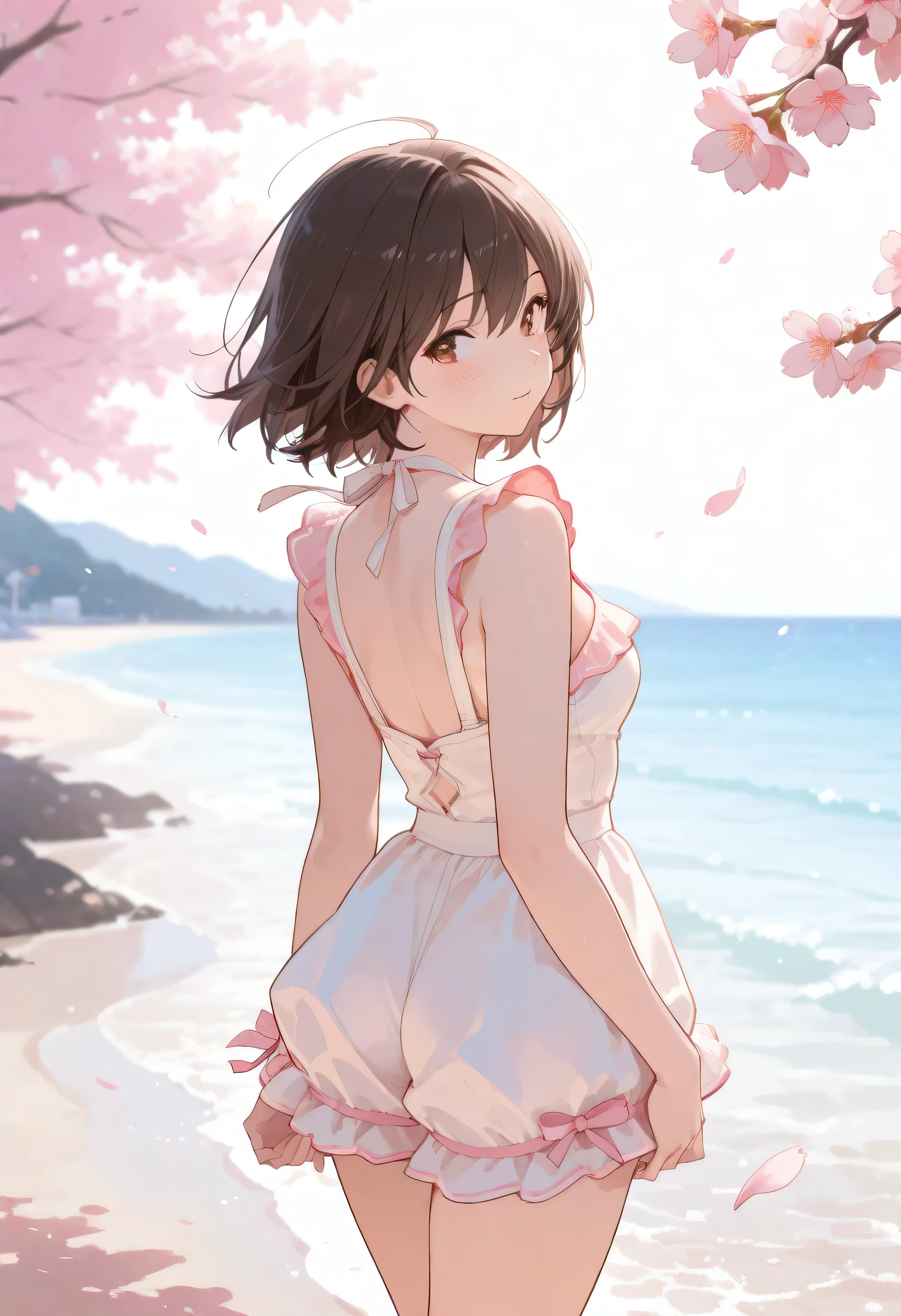 masterpiece, best quality, GREAT QUALITY, is very aesthetic, newest, look back, cute woman, spring outfit, Spring Beach , cherry blossoms, warm weather