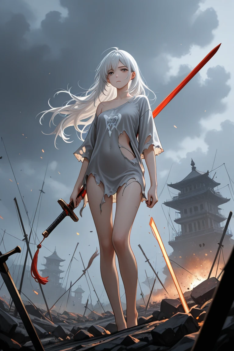 masterpiece, Full HD, 1girl, (young girl), slim body, medium breast, long hair, bangs, white hair, floating hair. detailed eyes, beautiful eyes, growing eyes, bright aqua eyes, perfect legs, floating white T - shirt oversized, white flower hair ornament, holding katana, rockland, wasteland, many swords stuck in the ground, foggy