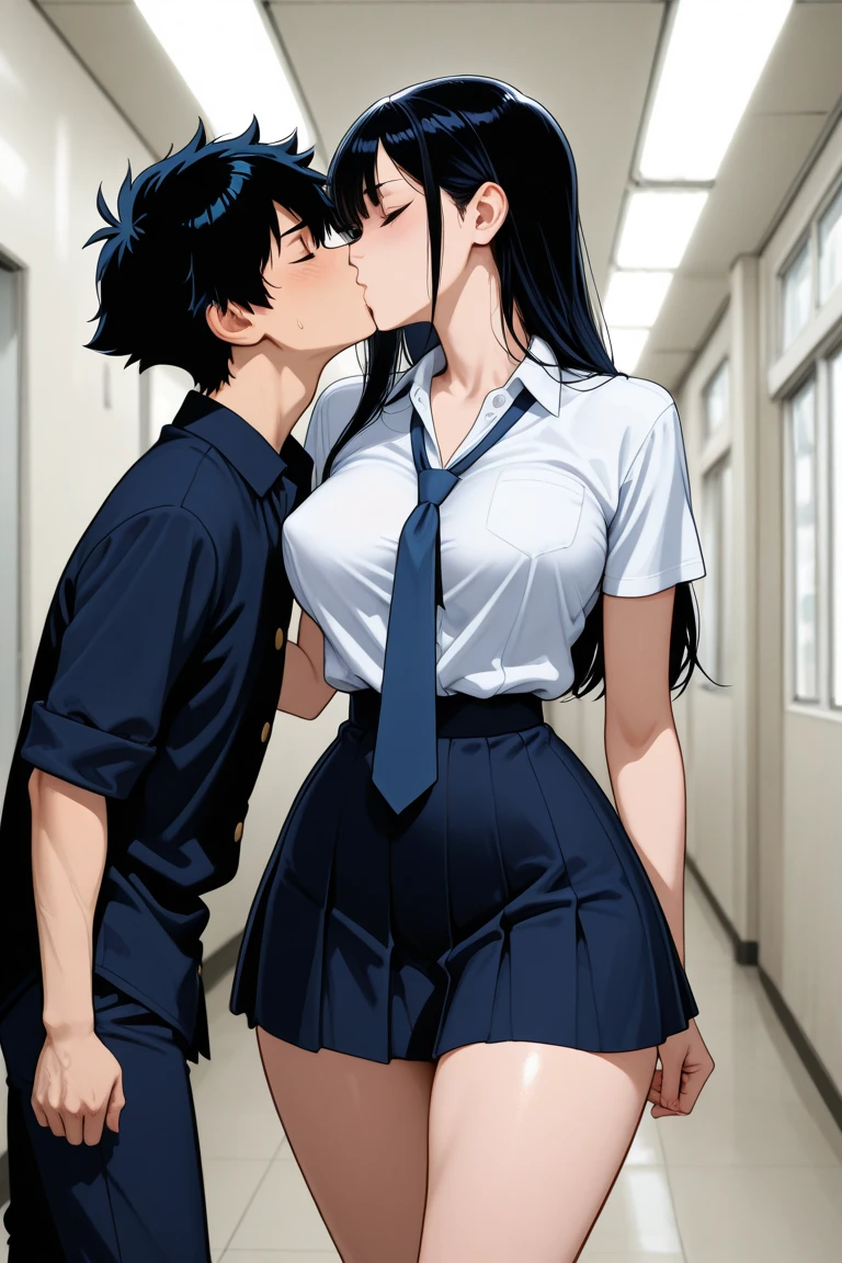 shinkai makoto, kimi no na wa., 1boy, buzzcut,office suit, boy caressing girl's body, kiss cheeks, passionate hug, boy is hugging from behind, breast groping from behind, 1girl, bangs, black hair, open mouth, brown eyes, Twisted Half Up, red ribbon, long hair, medium breast, nipples, pink nipples, long gray skirt, collarbone, topless, storage room, indoors, masterpiece, perfect anatomy, cowboyshot