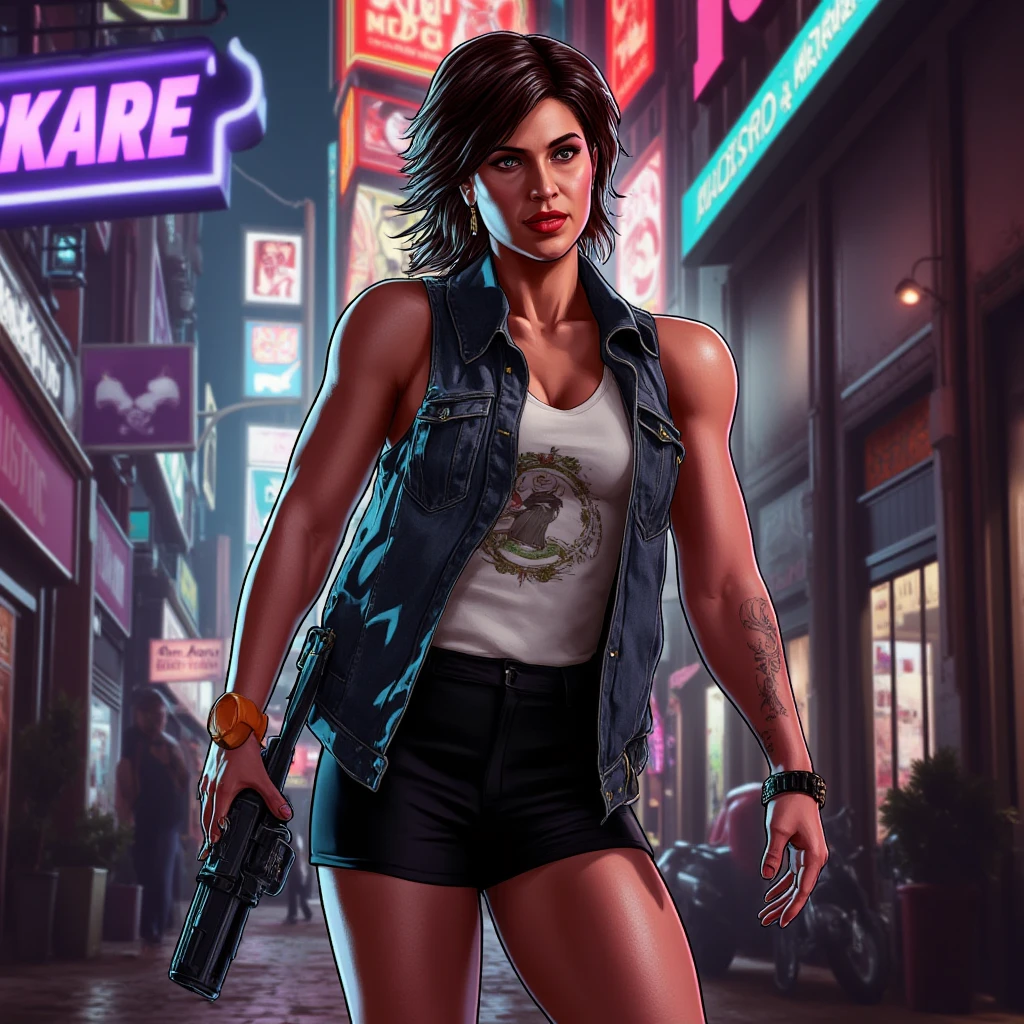 masterpiece, best quality, 1girl, alyxvance, solo, dark skin, brown hair, fingerless gloves, jacket, (purple panties:1.3), headband, post-apocalyptic, devasted city in background <lora:Alyxv2:1>