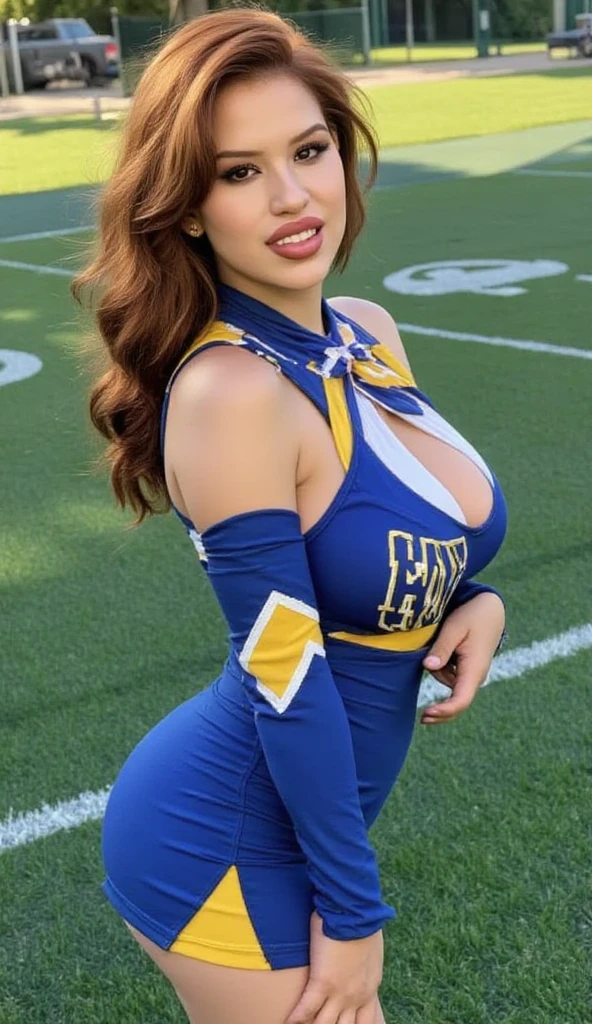 Jada Stevens with dark brown eyes and very pale blond hair, (masterpiece, perfect eyes, photorealistic, intricate details, hi-res, 8k) portrait of girl standing at a edmonton oilers hockey game, shes a edmonton oilers fan, soft even lighting, 20 years old, beautiful woman, looking at viewer, full body view, she's a cute cheerleader, (((dark brown eyes))), (brown pupils) , very pale blond hair, ((shiny orange and blue skirt and shirt)), (dress as a cheerleader) . ((high thigh socks with belts and garter)), top shows a nice cleavage, small perky breasts, sexy pose, (((lots of ghetto tattoos all over her arms and legs and chest and stomach))), ((very wide hips, large thighs gap)), very small shoulders, twintails, shy smile, red lipstick, shy smile, navel piercing, jewelry, bracelets, Quick Catliner, cute eye liner, thin, red lipstick, she has freckles, shy smile,