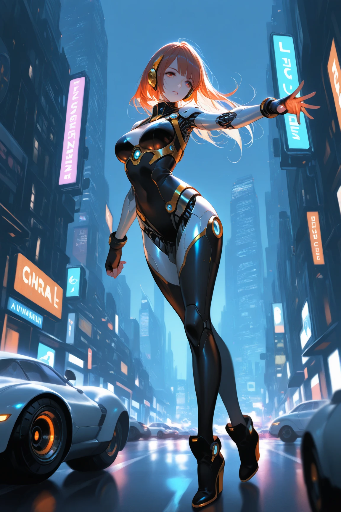 (rear view, backside view),(The best quality,A high resolution,Ultra - detailed,actual)、(mirai ciborg :1.4) , cyberpunk、big glutes、kneel down、Electronic visor attached to the face of a 12-year-old girl with emphasis on the buttockinifalda mostrando bragas Blanco:1.4)  ,mirai Red latex body,Cyberpunk mode、pose sexy、(Wear yellow leggings on the lower body、breast enlargement、(background Neon lights in the dark city at night:1.4),unreal engine:1.4,HD,La Best Quality:1.4, photorealistic:1.4, skin texture:1.4, Masterpiece:1.8,Masterpiece, Best Quality,（beautiful blue eyes ）,( neon pink cyborg),(perfect anatomy :1.4 ),(ciborg mirai bodysuit orange:1.4 ) ,(mirai:1.4), (big butt and hips),( convex Detailed fingers), (cabello largo White:1.4 ) 