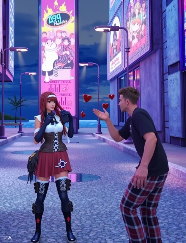 anime characters in a scene with a fountain and a building, kda and sam yang, cutscene footage, video game screenshot>, posing for a fight intricate, ariana grande in gta v, <mmorpgs scene, dead or alive 6, style game square enix, dancing in the background, 2020 video game screenshot