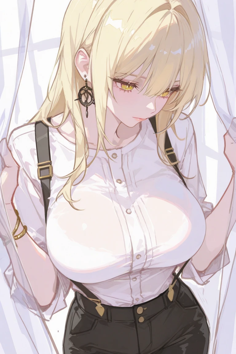 masterpiece, best quality, 1girl, solo, adult, blonde hair, long hair, golden earrings, pink eyes, detailed face, white unbuttoned shirt, black flower bra, large breasts, black pencil skirt, infront of viewer, empty look, (> <)