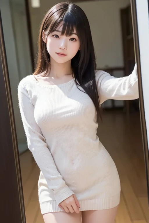 (8k), (best quality), (masterpiece:1.2), (realistic), (photorealistic:1.0), ultra-detailed, 1girls, cute, smile, beautiful detailed eyes, beautiful detailed nose, full body, Wearing white long shirt, white over-knee socks, socks texture must be natural, sitting on the floor, from below, realistic skin texture, attractive face, Half Korean and half Filipino
