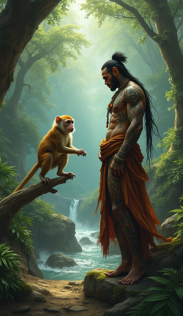 An indigenous man with fiery eyes with a wild boar 