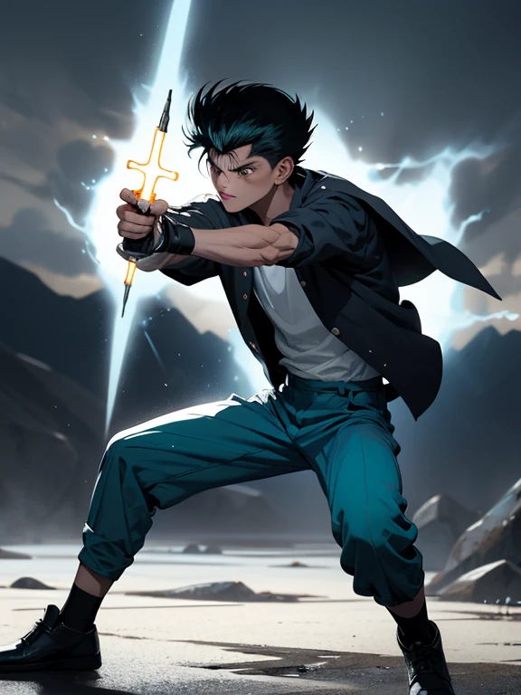 1kid boy, muscle, Full body version, 1character, purple eyes, short haircut, angry eyes, black color hair, topless, boots, Grassroots, full background in field town, motion blur, lighting, (one piece art), battle gesture, bandage, smoke effect, fire burning in hand,