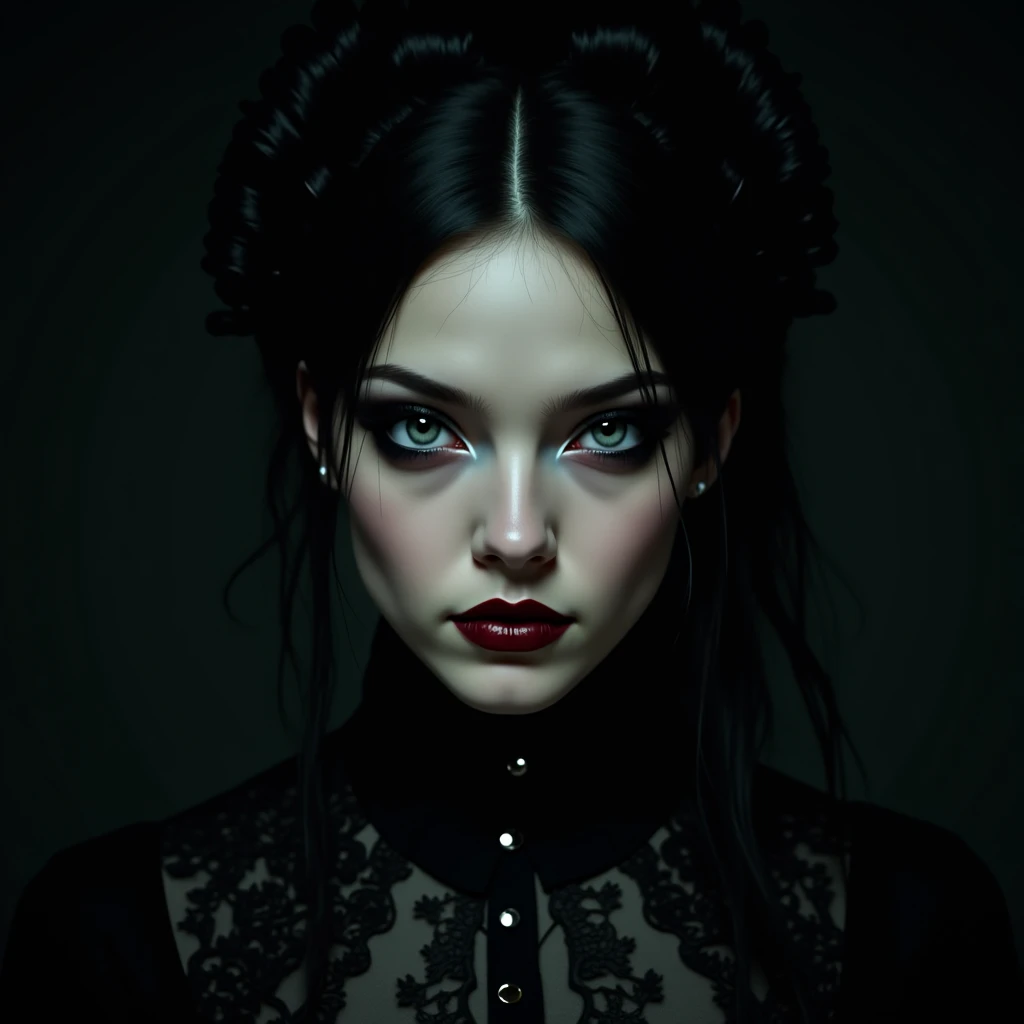 1girl, different face angles, designed by Hideyuki Kikuchi, "Dark World Dealings", at dawn, shallow depth of field, Dollpunk, Cathode tube, sfumato, (best quality,4k,8k,highres,masterpiece:1.2),ultra-detailed,(realistic,photorealistic,photo-realistic:1.37),intricate details,exquisite lighting,vibrant colors,dramatic shadows,moody atmosphere,gothic fantasy,cinematic composition