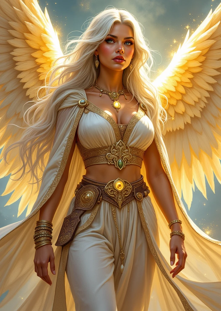 Create a celestial Goddess who exudes power and authority. She has a majestic presence and owns everything in a heavenly Kingdom above all others.. Its appearance is ethereal, with golden skin that glows softly, reflecting the heavenly light around it. Her long, wavy hair is silvery and flutters lightly as if moved by a divine breeze.. Your eyes are deep blue, almost mesmerizing, like the deepest and most mysterious ocean.

She is naked, her breasts are big and she is thin, her vagina is on display, her big ass, her body is wonderful, worthy of a goddess. Her wings are huge and majestic., with golden feathers that shine brightly, representing their high status. She also wears gold bracelets and anklets that emit a faint aura of power., and in your head, there is a delicate crown, but impressive, made of pure light and adorned with heavenly gems.
She is holding the Universe in her hand She is the embodiment of beauty and absolute power, with an aura that commands respect and admiration from all who approach it. (Fantasy Art Style)