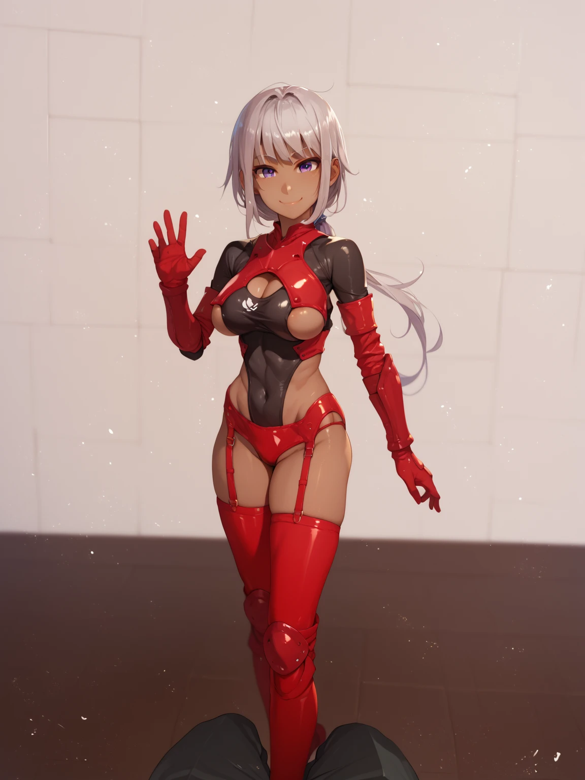 figure of, purah, white hair ,aura red glasses, hair ornament, red eyes, earrings ,lipstick, eye shadow , dark purple bikini, Mage (bikini warriors) ,black thigh-high boots, black elbow gloves,
