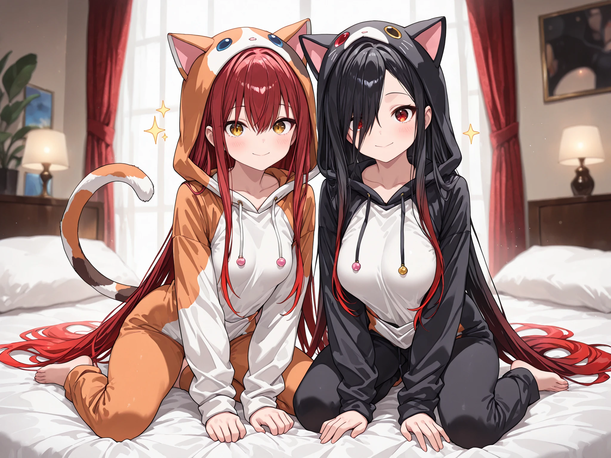 (EyesHD:1.2), ultra-detailed, very aesthetic, sharp focus, depth of field, vibrant colors, ray tracing, best lighting, detailed illustration, detailed background, cinematic, Shining Style Art, masterpiece, best quality, very aesthetic, highres, absurdres, round eyes, playful gaze, cheerful aura, full body, full smile, at home, active pose, Calico Cat Pajamas, Tri-color cat onesie with soft fur patterns, duo focus, (2girls) BREAK 1 girl , golden eyes , very long hair , long sidelocks, red hair , petite , very cute , beautiful ,Straight hair, cool, handsome, hair between eyes, medium breasts BREAK 1girl, Kuroki Monika, red eyes, gradient hair, black hair, red hair, long hair, asymmetrical hairline, hair over right eye, large breasts, (petite but curvy)