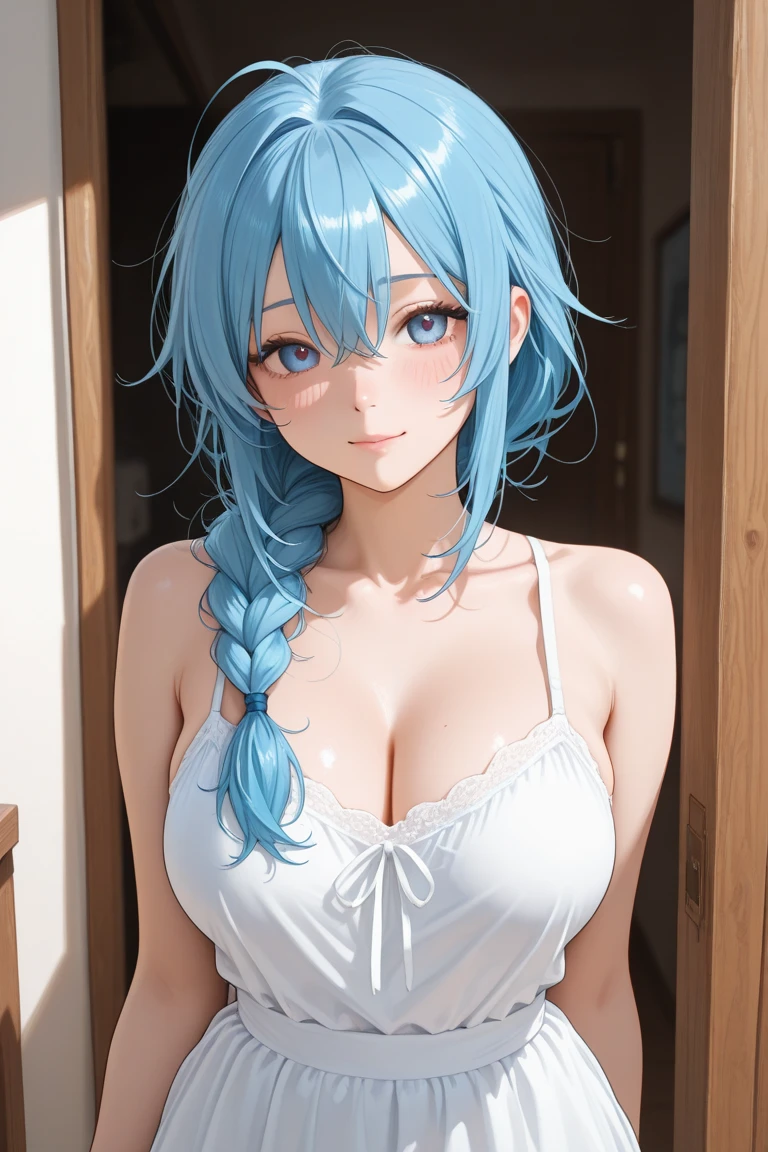 highest quality、All limbs、full finger、((one beautiful woman、solo))、Woman with light blue hair、long hair、big breasted woman、((Blue zippered swimsuit:1.2))、No sleeve、bare hands、big smile、high socks、hands on hips、living room、night、indirect lighting
