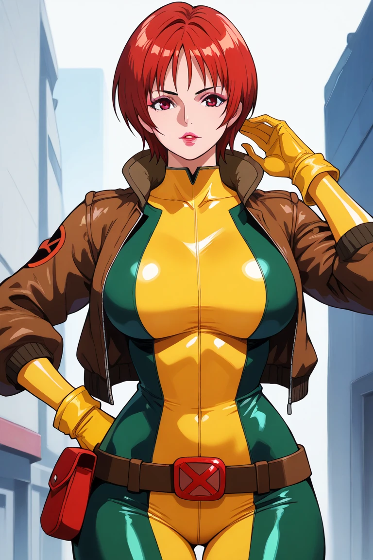 masterpiece, best quality, mature woman, mature face, trimmed hairstyle, red hair, mature face, hot face, glossy lips, gobby lips, sharp eyes, big breasts, voluptuous body, golden eyes, (bandit outfit, bandit bandana), looking at viewer, tough appearance, alley, (looking serious), yandere face, flirting smile, (glaring eyes, piercing eyes), yandere expression, (holding dagger) 