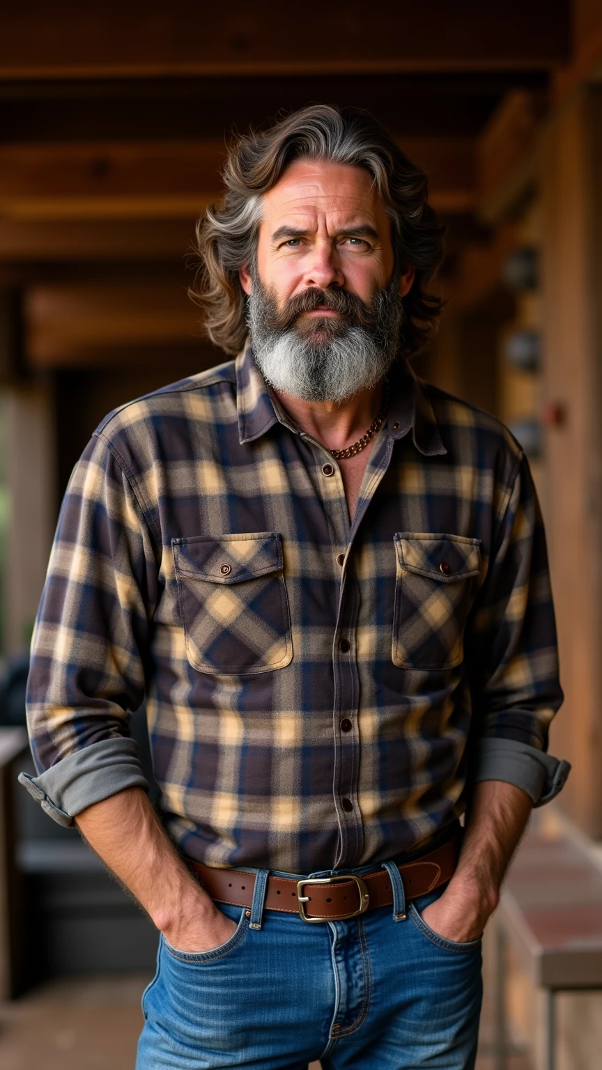 attractive middle aged man, 50s, rugged, weathered, thick wavy hair, brown hair with gray grey, thick beard with grey gray, standing in rustic cabin, wearing a flannel shirt, wearing blue jeans, wearing work boots, full body, waist, , legs