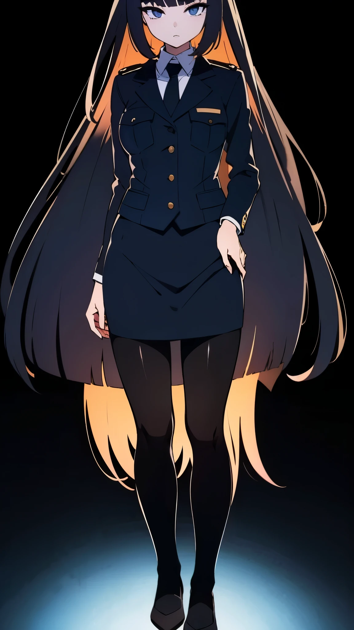 inside city, anime style, 1femail, ultra high res, Best quality, ultra detailed, 8k, wearing dark navy blue policewoman uniform, black pumps, black pantyhose, masterpiece, high nose(1:2), large mouth, break straight long hair, dark eyelashes, standing, full body shot,