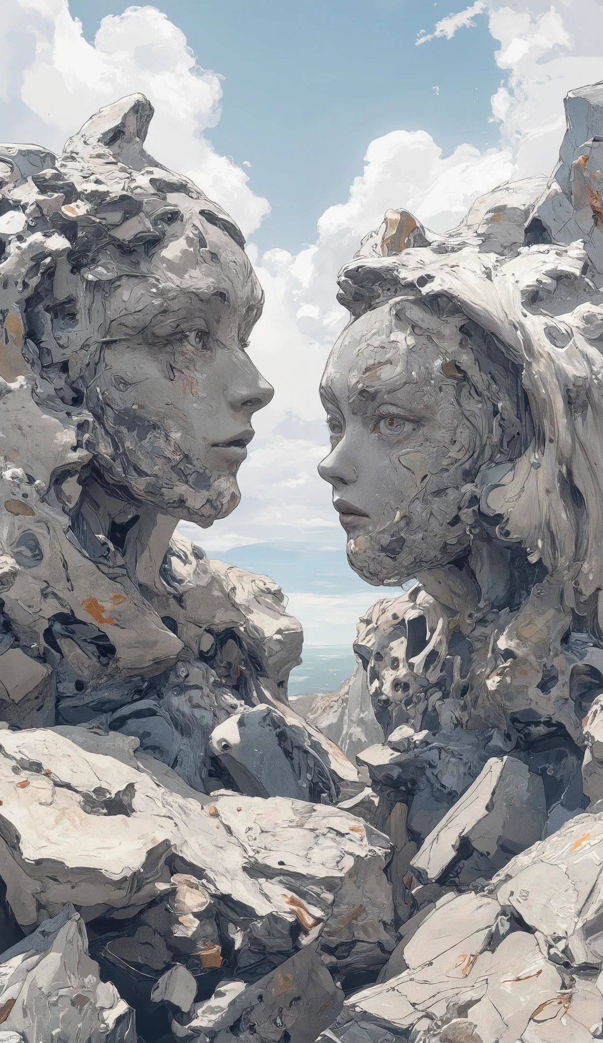 masterpiece, best quality, super res, 完璧な解剖学, female, detailed face, Two large rocks with facial contours、weathered、impressionistic pale blue sky and white clouds、Double image technique、Magritte style、bizarre、dramatic, dynamic, absurd, metaphysics