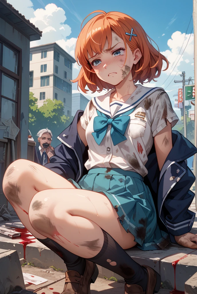 Detailed details,horor,Lack of light,disarray,hold your head in confusion,Frightened,murky,short orange hair,a sailor suit,neck tie,Blood is coming out of the neck