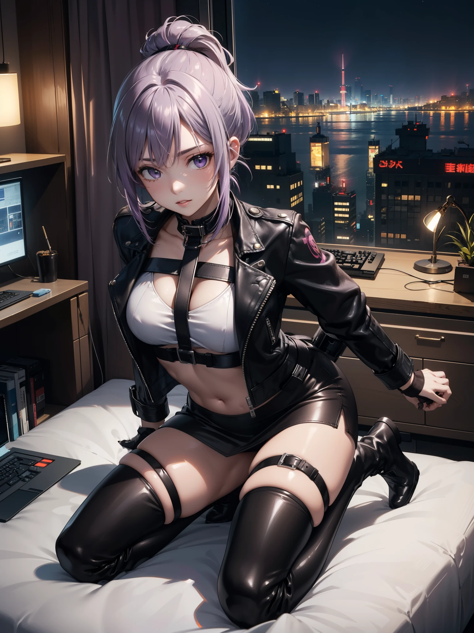 Destroyed towns,3 Ukrainian girls , Ukrainian anime girls, Ukraine ,  
Full body composition of young girl with messy short lilac hair, asymmetric bob hair cut, eye make up, 12 year old,  tanned beauty
Soft lighting, Solo, Old torn dirty shabby futuristic military uniform, badges, Pose, Blotch color, Octane Render, Hyperrealistic intricate detail, 
Cinematic, 8K resolution, 70mm, Accent Lighting, Global Illumination, Full body portrait, clean detailed faces, intricate clothing, Cute face, flat chest, Slim waist, Slim legs, small hips,Major's uniform,thigh high stockings jacket open. fancylace bra
Holding a handgun,Long jacket,Carrying a cloak,actionpose,Sitting in the General's Chair,
Dominant lady, mean look, evil smile. sexy. extreme Strong vignette.
one leg up on sofa, legs parted, seductive, suggestive sex, offering sex, leaning forward towards viewer. vivid colours
