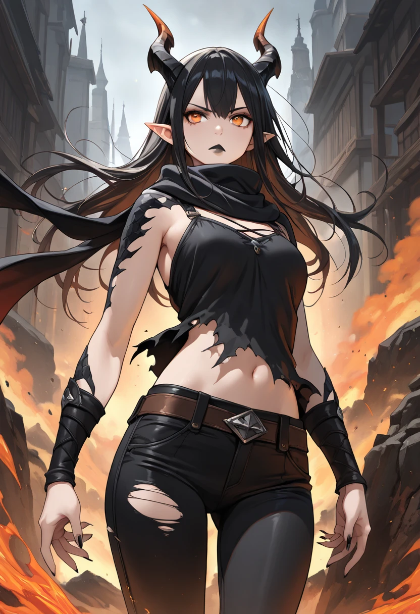 (masutepiece, Best Quality), (hight resolution, Ultra-detailed), (absurderes, Perfect Anatomy), Outdoors, castle, 1girl in, Solo, UH, Monster Girl, black sclera, Dark skin, Gray Skin, (animal hands), Cowboy Shot, Red Eyes, Black fur, hair between eye, Long hair, Tank top, Pants, Toned, tusk, A sexy、serious facial expression、glare、pressure