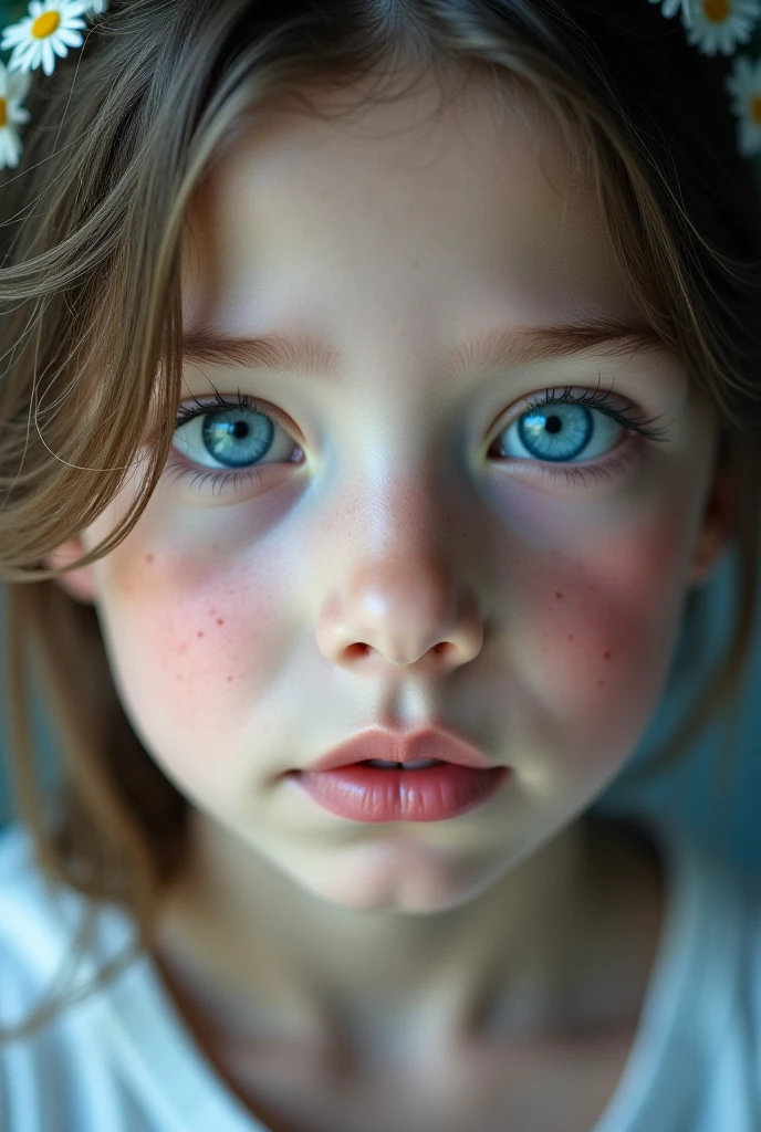 Believe me a picture of a 3 year old girl's hair: long, blonde and wavy.
Eyes: blue, Large and expressive.
fur: Clara with freckles on her nose and cheeks.
height: Tall for her age.
Complexion: slim