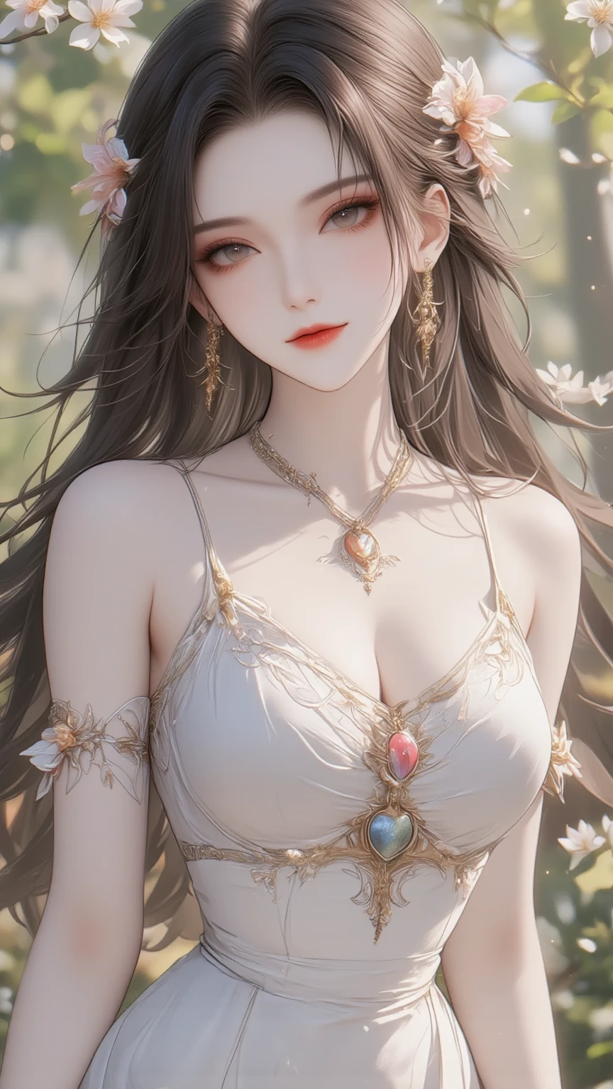 ((Masterpiece)), top quality, 1 girl,
Sitting serenely under a blooming cherry blossom tree,
Long blue hair cascading down her shoulders, adorned with a side ponytail and long sidelocks,
Her beautiful yellow eyes reflecting the dappled light filtering through the lush canopy,
Gigantic breasts accentuated by the plunging neckline of her pleated dress, displayed proudly with a delicate cleavage,
Necklace and intricate jewelry adorned her elegant neck,
A delicate ornament graced her forehead as an added detail,
A gentle smile graced her lips as she blushed at the sight of
