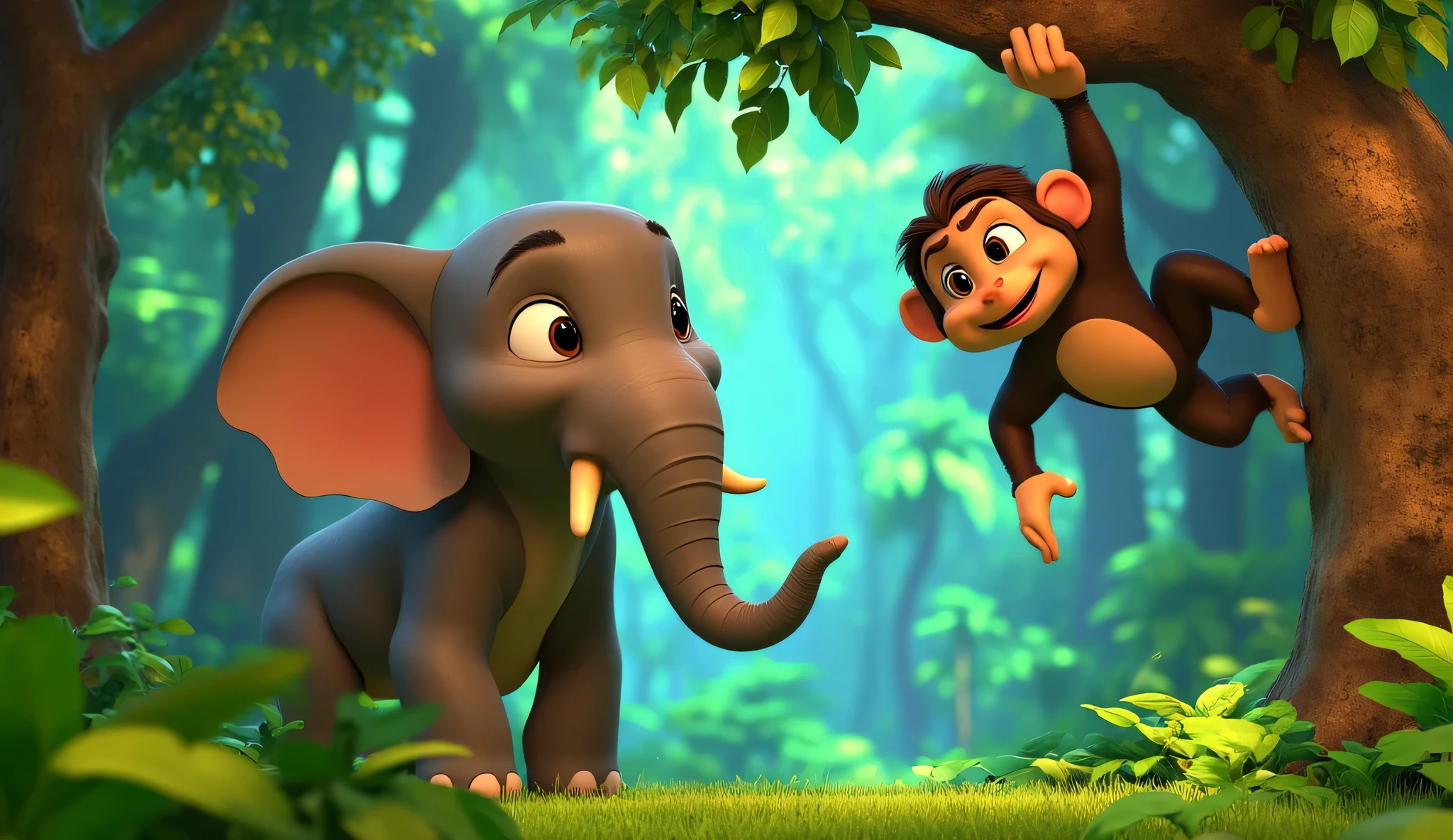 The elephant looking up at a cheeky monkey hanging from a tree branch. The elephant looks hopeful while the monkey looks amused.in jungle