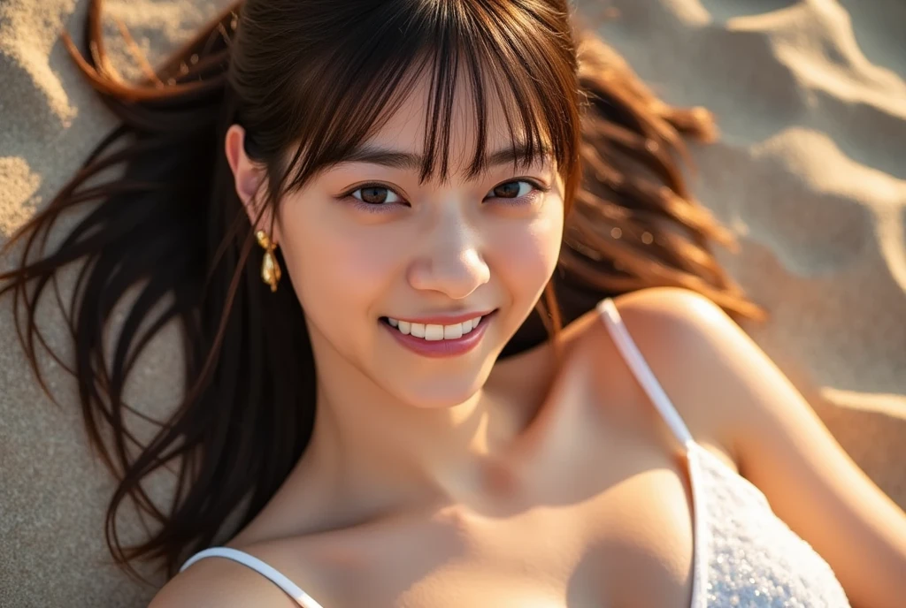 Tabletop、(Highest quality、4K、8K、High resolution、Masterpiece: 1.2)、Super detailed、(Real、Photorealistic、Photorealistic: 1.37)、Full Body Shot、Complex and beautiful eyes、woman、long hair、Natural color lip、whiteTshirt、Bold and sexy pose、smile、Ocean、20 year old girl、A cute and sexy shot looking straight at the camera。