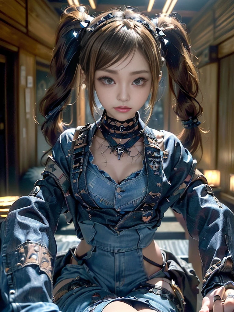 (Full Body View:1.2)、(Full body:1.3)、(Smiling with teeth showing:1.3),(Shibuya Gal:1.5)、(Gothic Lolita style fashion:1.5)、(Punk RockVisual Kei:1.5)、(Wearing a rhythmic gymnastics bodysuit with intricate details:1.4)、(Racing suit and pants with intricate turquoise, denim and charcoal decorations:1.5)、(Denim and light blue and turquoise boots:1.3)、((belt))、(Numerous delicate logo marks all over the costume:1.4)、(collar:1.3)、(Polka dot underwear:1.5)、20-year-old、NSFW、((Highest quality、In 8K、masterpiece:1.3))、Sharp focus:1.2、(Layered Cut、Huge boobs:1.1),Beautiful woman with perfect figure:1.4、(Lying down in a gravure pose:1.3)、Slender Abs:1.2、Highly detailed face and skin texture、Detailed eyes、double eyelid,(Twin tails:1.3)、(Brown-golden hair:1.3)、Gravure idol、(The background is the stage of the fashion show:1.3)、(Slim Body:1.3),(Make your legs thinner:1.4),（clavicle:1.1）