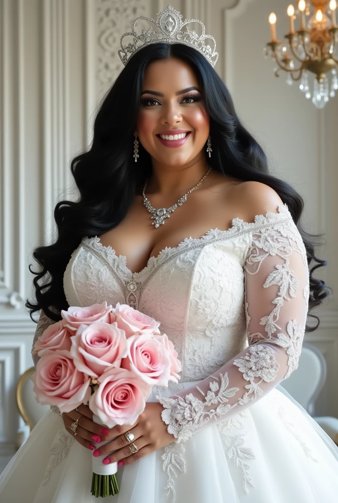 The image shows a bride with large breasts,with large black hair wearing a specifically detailed lace wedding dress, with details, a bouquet of pink roses and adorned with a crown and elegant jewelry. The white background features ornate wall panels and a chandelier.