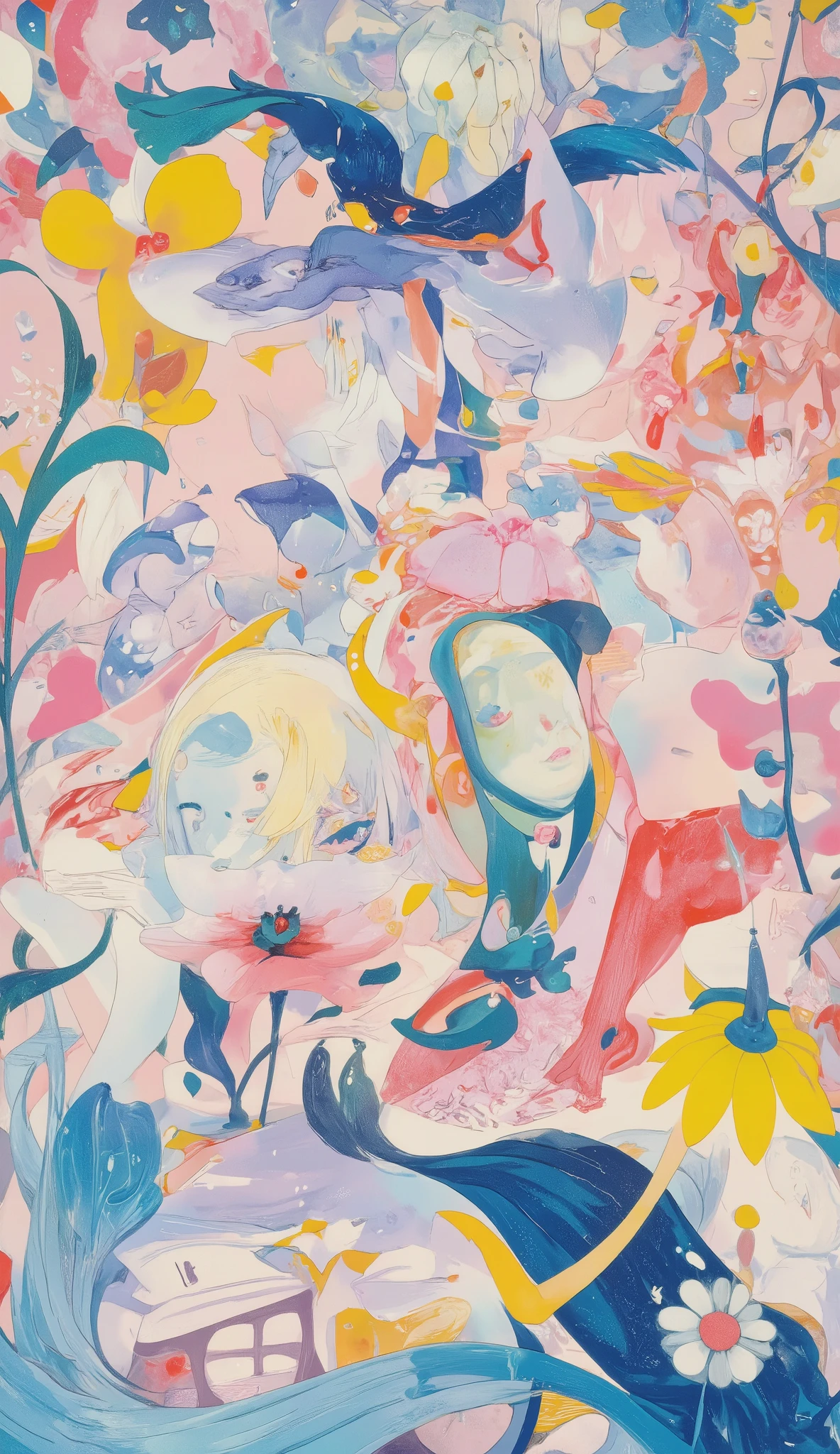 masterpiece, best quality, super res, 完璧な解剖学, female, detailed face, In a dream、They are combined in a fragmentary color puzzle、Pastel colors、dreamy、Minimalist cubism、bird、Home、flower、blue base 、Chagall style、dramatic, dynamic, absurd, metaphysics 