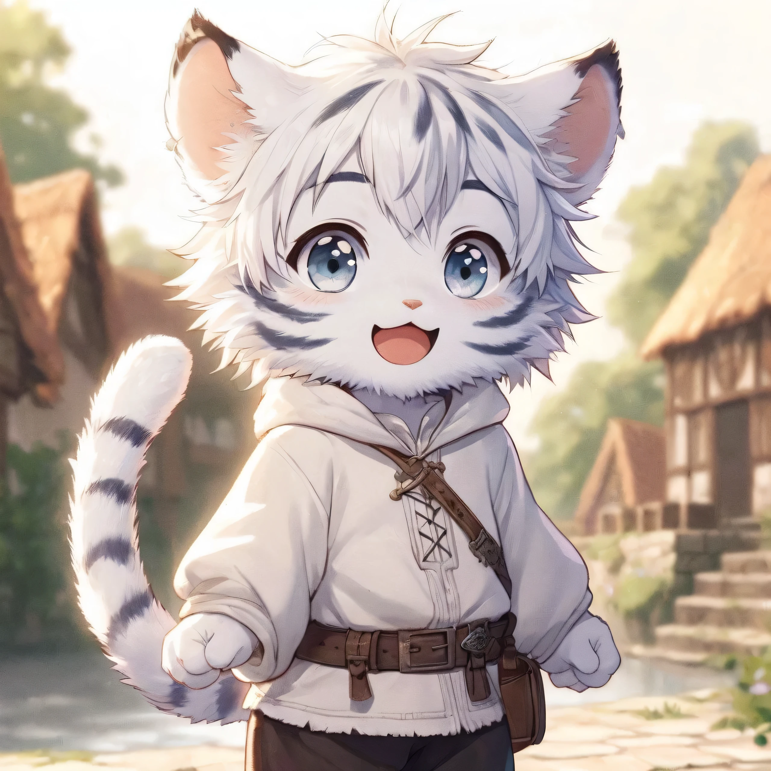  Furry white tiger with white fur, clear eyes, big beautiful smile,  medieval clothing, At the bottom of a village.